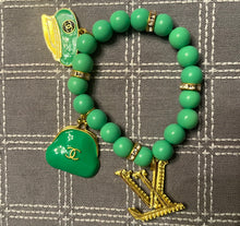 Load image into Gallery viewer, Green &amp; gold designer inspired beaded bracelets set of 2
